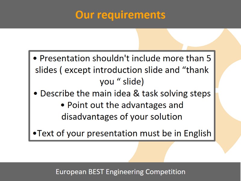 Our requirements  Presentation shouldn't include more than 5 slides ( except introduction slide